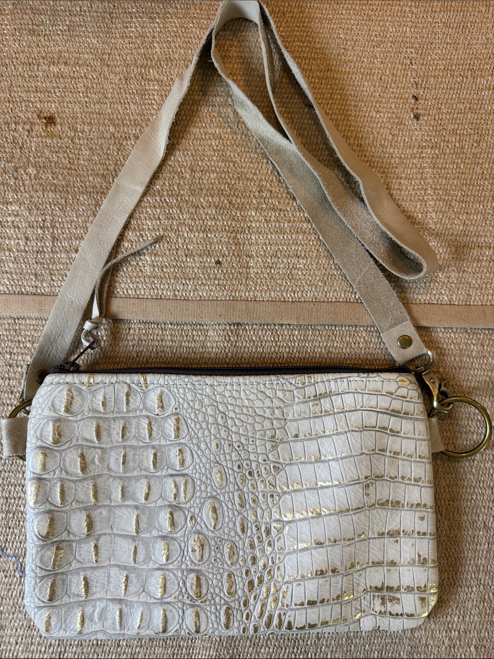 KEEP IT GYPSY Croc-Embossed White & Gold Leather Crossbody Bag with Gold Accents